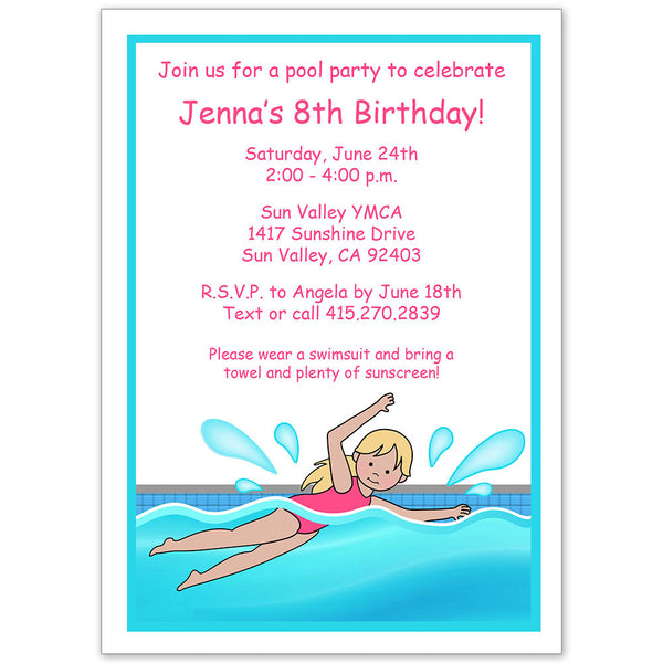 Swimming Girl Pool Party Invitation