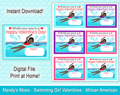 Swimming Girl Valentine Cards - African American - Digital Print at Home Valentines cards, Instant Download