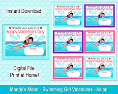 Swimming Girl Valentine Cards - Asian - Digital Print at Home Valentines cards, Instant Download