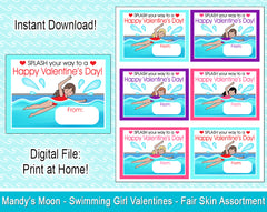 Swimming Girl Valentine Cards - Fair Skin Assortment Digital Print at Home Valentines cards, Instant Download
