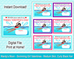 Swimming Girl Valentine Cards - Medium Skin, Curly Black Hair - Digital Print at Home Valentines cards, Instant Download