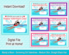Swimming Girl Valentine Cards - Medium Skin, Straight Black Hair - Digital Print at Home Valentines cards, Instant Download