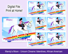 Unicorn Dreams Valentine Cards - African American - Digital Print at Home Valentines cards, Instant Download