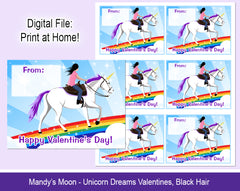 Unicorn Dreams Valentine Cards - Black Hair - Digital Print at Home Valentines cards, Instant Download