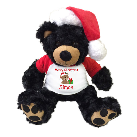 Personalized Christmas Teddy Bear - 13" Black Vera Bear with Santa Hat