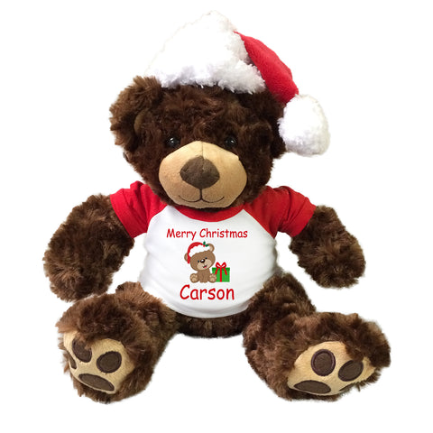 Personalized Christmas Teddy Bear - 13" Brown Vera Bear with Santa Hat