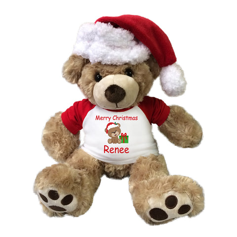 Personalized Christmas Teddy Bear - 13" Honey Vera Bear with Santa Hat